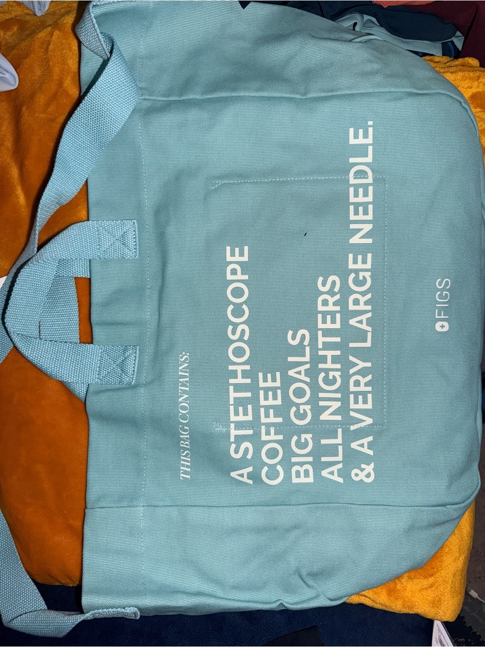 Figs Light Blue Canvas Duffel Bag with White Quote